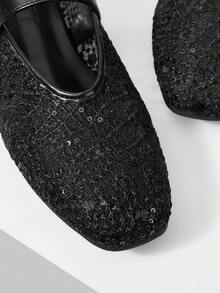 MOTF PREMIUM CÓMODAS Y VERSÁTILES BAILARINAS DE MUJER CON PUNTA CUADRADA ESTILO MARY JANE, ADECUADAS PARA COMMUTING Y USO CASUAL - Malla de encaje negro - Ver 9