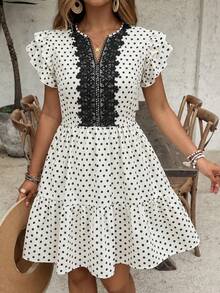 SHEIN VCAY 大码女式蕾丝波点荷叶袖优雅连衣裙 - 杏色 - 查看 2