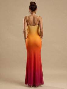 SHEIN BAE Women's Elegant Romantic Ombre Orange Red Rhinestone Floral Ruffle Hem Summer Mini Dress, Y2K Party Vacation Boho Beach Sunset Style Outfit - Multicolor - View 6