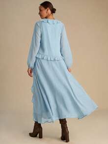 Enchnt 女士休闲纯色荷叶边V领长袖连衣裙 - 淺藍色 - 查看 5