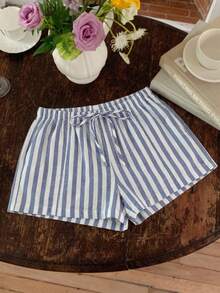 Comfortcana 女士复古海军蓝条纹休闲棉质抽绳短裤，适合外出、街头风、时尚休闲、海滩度假 - 彩色 - 查看 9