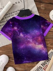 少女时尚休闲舒适圆领短袖T恤，甜美扎染紫色T恤，卡通人物印花扎染拼接圆领短袖T恤，适合春夏穿着，轻盈舒适，夏季必备单品 - 彩色 - 查看 3
