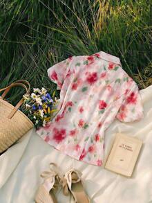 Franclia 女士夏季法式优雅简约翻领花瓣袖收腰短款不对称下摆印花休闲衬衫 - 彩色 - 查看 2