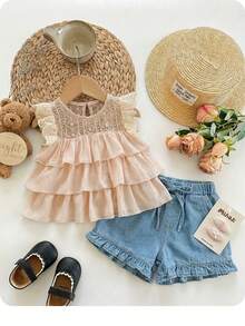 SHEIN Áo kiểu dáng dễ thương màu mơ, đa năng, tay bồng, viền ren, kiểu cổ điển cho bé gái, áo hè cho bé gái, áo ren bèo nhún cho bé gái, áo màu mơ cho bé gái. - Màu be - Xem 1