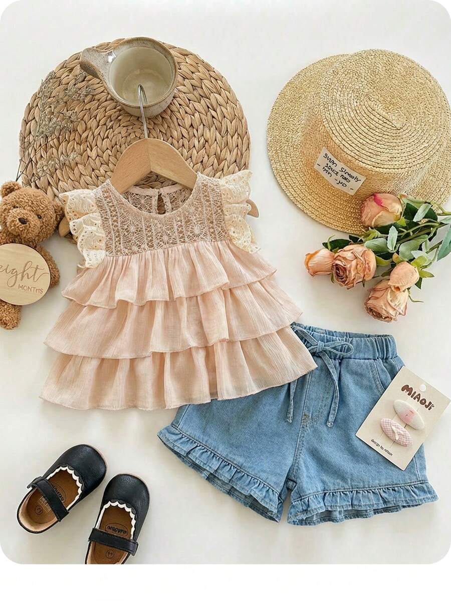SHEIN Áo kiểu dáng dễ thương màu mơ, đa năng, tay bồng, viền ren, kiểu cổ điển cho bé gái, áo hè cho bé gái, áo ren bèo nhún cho bé gái, áo màu mơ cho bé gái. - Màu be - Xem 1
