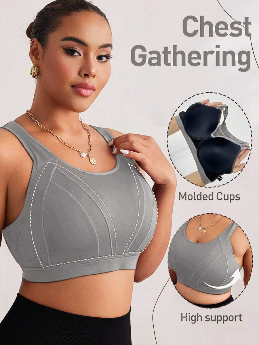 SHEIN Rhythm Era Plus Size Women One-Piece Underwire Sports Bra With Adjustable Racerback, High-Impact Support For Chinese New Year - Grey - View 1