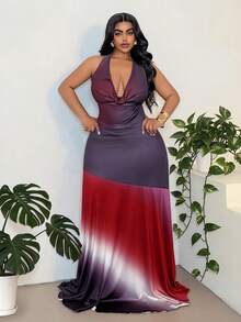 Maweii Retro Elegant Ombre Halter Backless Dress - Multicolor - View 4