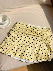 Comfortcana 夏季波点褶皱 A 字迷你裙 - 鵝黃色 - 查看 2