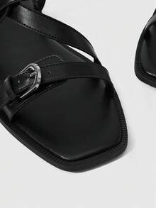 Sleekvia Giày nữ mùa hè mới, mũi vuông, đế bằng, màu đen, có khóa cài, sandal đế bằng cho nữ, đa năng, đơn giản, thoải mái để đi làm hàng ngày. - màu đen - Xem 3