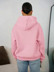 SAYEHFBABY 夏季女装简约休闲纯色粉色套头连帽长袖卫衣，无抽绳，宽松版型，秋季款 - 粉色 - 查看 2