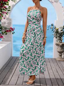 Vivid Eden Women's Floral Print Vacation Midi Halter Dress - Green - View 1