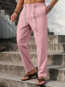 VENTUSAIL 男士纯色抽绳腰长裤，锥形修身亚麻长裤，清爽简约，适合外出和秋季穿着。 - 粉色 - 查看 7