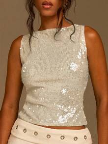 Athîral Áo tank top nữ màu xanh đính sequin, kiểu dáng ôm sát, thoải mái, thích hợp cho kỳ nghỉ. - Màu be - Xem 4