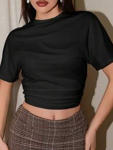 Bris Aura Women's Summer Minimalist Y2K Basic Daily Wear Casual Back To School Streetwear Stretchy Black Loose Ruched Crop Tees - Black - View 6