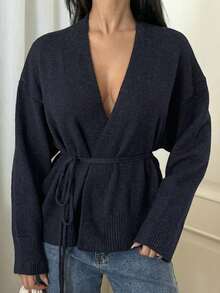 Ronhire Drop Shoulder Belted Cardigan,Long Sleeve Tops Business Casual Woman Work Clothes - Navy Blue - View 6