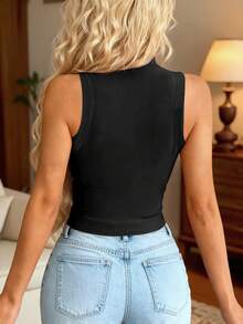 INAWLY Solva Top corto informal de unicolor con cremallera frontal para el verano - Negro - Ver 2