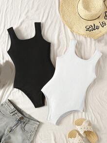 SHEIN Bộ 2 món đồ liền thân dệt kim không tay cổ chữ U dáng ôm cơ thể dành cho bé gái tuổi teen, màu đen và trắng. - Đen và trắng - Xem 2