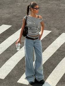 Muchica 黑白条纹针织单肩上衣，女士单肩T恤，流行穿搭，女士夏季上衣，夏季穿搭，夏季上衣 - 黑與白 - 查看 6