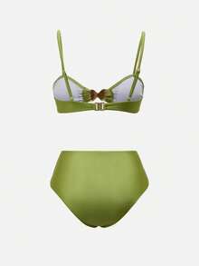 Swim Oasis Women Olive Green 3 Pieces Swimwear Set, Solid Color Minimalist Summer Casual Beach Holiday Vacation Holiday Swimwear, Daily Wear Vacation Style Outfit - Green - View 12