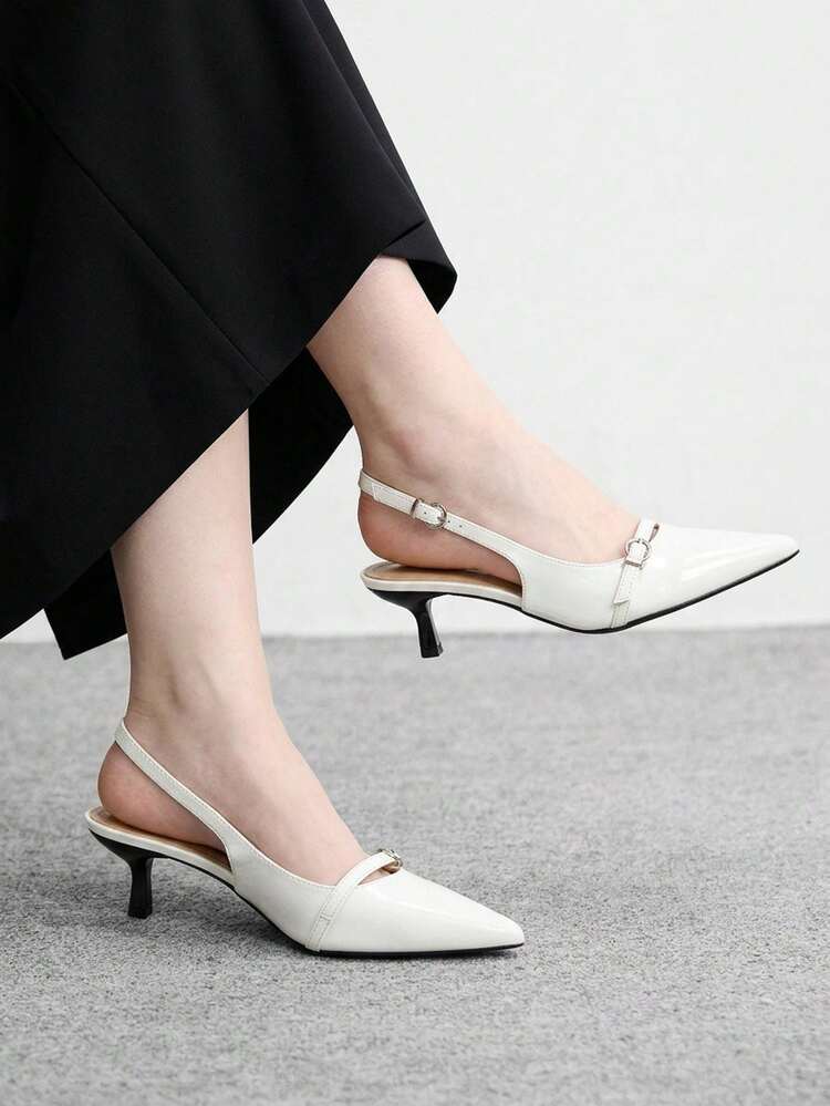 CUCCOO BIZCHIC Women's Shoes, Slingback Buckle Strap, Pointed Toe, Thin Heel 5cm French Commuter Style, Glossy Patent Leather, Beige, Slingback Sandals, Workplace Commuting/Dating