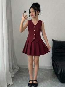 少女优雅V领无袖上衣和百褶裙套装 - 酒紅色 - 查看 3