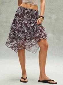 Bohemela 女士休闲梭织印花荷叶边宽松不对称下摆半身裙 - 棕色 - 查看 5