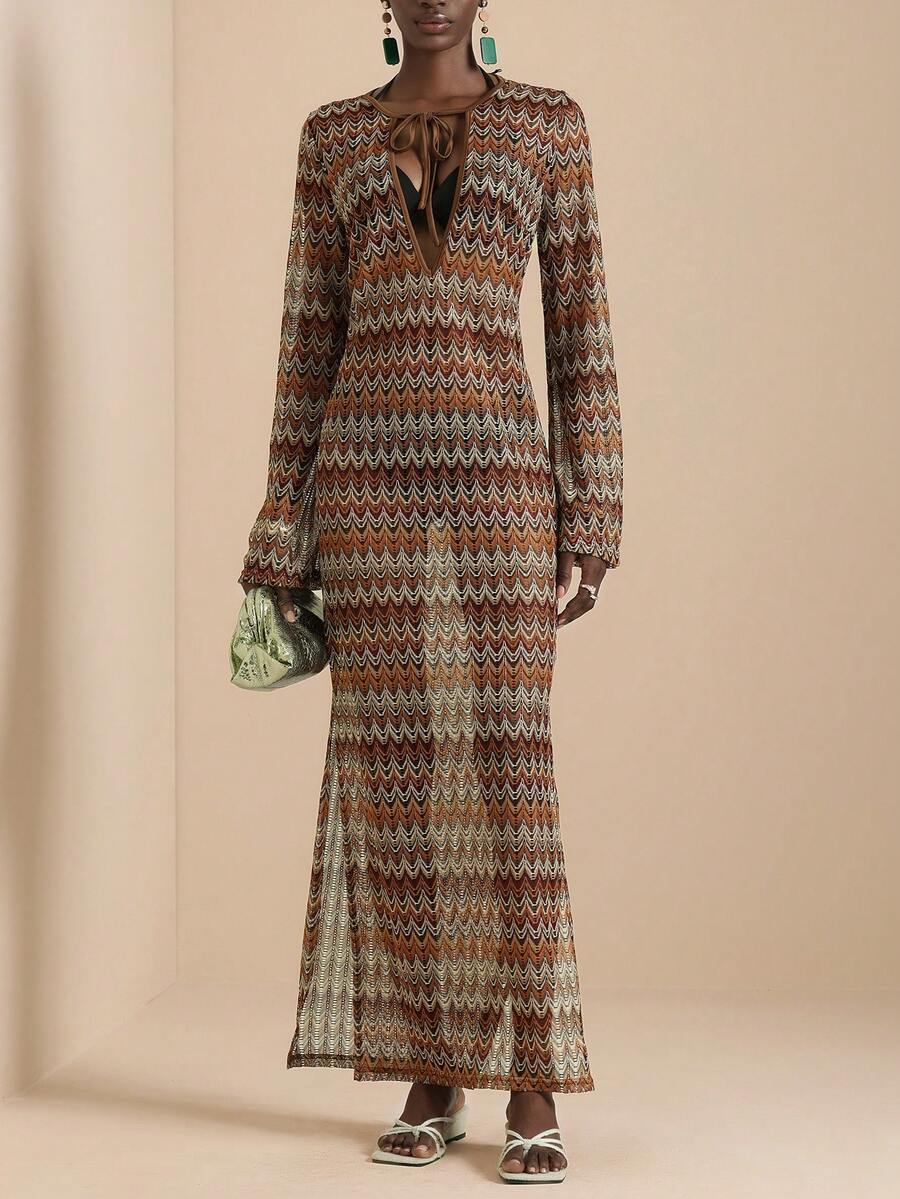 Vesra 女士网纱钩编风格沙滩度假连衣裙 - 咖啡 - 查看 1