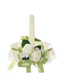 婚礼花童白色手持花篮，缎带蝴蝶结仙女花篮，大型婚礼花篮，适合花童 - 1PC - 查看 3