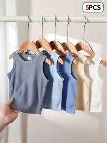 SHEIN Playful Pals 5件套休闲多色针织无袖背心，适合叠穿，可用于外出、休闲穿着、旅行，适合6个月至3岁的男婴。 - 彩色 - 查看 3
