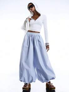 LYSMO Quần Harem rộng rãi có túi, cạp chun co giãn dành cho nữ, kẻ sọc. - Xanh và trắng - Xem 5