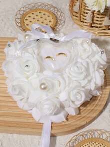 1个茶玫瑰心形新娘戒指盒，丝带蝴蝶结心形戒指盒，蕾丝边浪漫仿珍珠婚礼仪式用品礼品，求婚仪式白色戒指盒，情人节礼物 - 白色 - 查看 5
