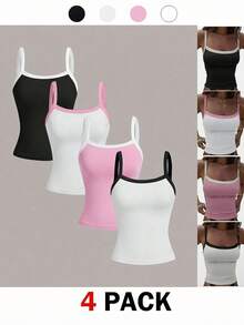 SHEIN Girlism Áo camisole thể thao mùa hè cho nữ tuổi teen, phối màu đen trắng hồng xanh dương, bộ 4 áo vest, áo thun tennis. - Nhiều màu - Xem 3