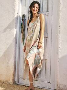 SoleilVie Women's Bohemian Tie-Dye Sleeveless Dress, Hollow Neckline Asymmetrical Hem Loose Casual Sleeveless Asymmetrical Hem Vacation Dress - Multicolor - View 4