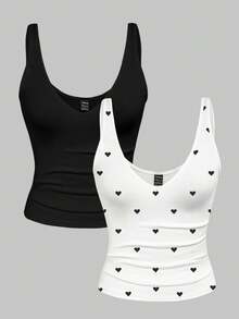 Resyla Set de 2 piezas: Pantalón corto ajustado y camiseta de tirantes de cuello en V de unicolor para mujeres - Multicolor - Ver 3