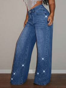 SHEIN PETITE 女士休闲时尚亮面直筒牛仔裤，带腰带环，适合日常穿着 - 中等水洗藍 - 查看 3