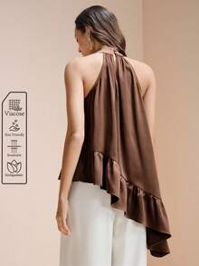 Arave 女士宽松立领无袖不对称荷叶边下摆休闲通勤上衣 - 咖啡棕 - 查看 4