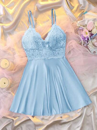 DelicateAllure Sexy Backless Lace Hollow-Out Patchwork Satin Slip Dress For Women