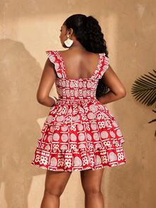 Lunelith SHEIN Lunessa Women's Graphic Print Ruffle Trim Square Neck Casual Dress - Red - View 2