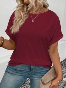 EMERY ROSE Plus Size Women Summer Loose Casual Round Neck T-Shirt - Burgundy - View 3