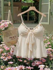 SHEIN MOD 大码纯色系带优雅吊带背心，杏色复古不对称肩部扭结图案上衣，适合春夏外出和度假，女士夏季外出套装多件装上衣，哈瓦那之夜套装 - 杏色 - 查看 10