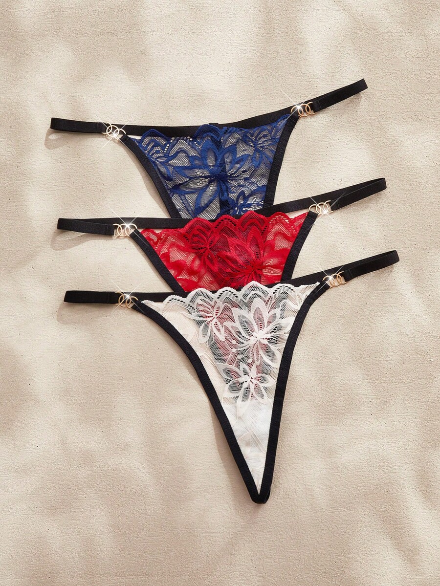 Charlaine 3 piezas Elegante y sexy ropa interior de mujer tipo tanga con encaje floral bicolor, con decoración de hebilla metálica en el lateral - Multicolor - Ver 1