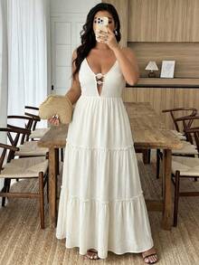 SHEIN LUNE Plus Size Women Vacation Casual Beach V-Neck Decorative Button Multi-Layer Cinched Waist A-Line Dress - Apricot - View 3