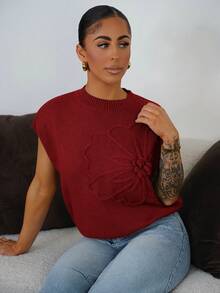 SAYEHFBABY 女式花卉蝙蝠袖宽松休闲针织上衣，秋季 - 鏽棕色 - 查看 1