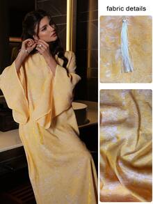 SHEIN Najma Đầm dạ hội thanh lịch tay cánh dơi, chất liệu jacquard, dáng rộng, có tua rua, viền xòe, thích hợp cho nữ. - Màu vàng - Xem 5