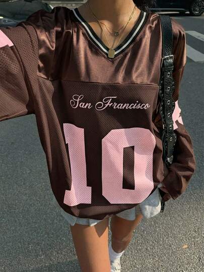 Muchica 女士新款V领休闲运动字母图案拼接宽松长袖T恤，白色