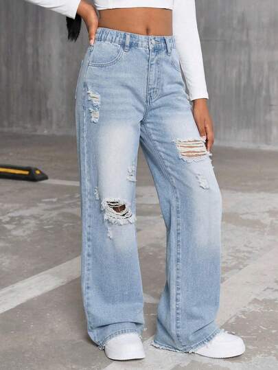 2026 Nuevos Jeans para Niñas Preadolescentes Primavera/Verano, Diseño de Moda Desgastado con Cintura Elástica, Ajuste Holgado y Ceñido, Cierre con Botones Delanteros para Fácil Uso, Adecuado para Casa, Diario, Citas, Salidas, Fiestas, Viajes, Pantalones Vaqueros Rectos de Pierna Ancha Lavados Azules Versátiles de Múltiples Bolsillos