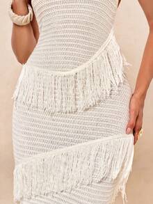 Lumalex Women's Off-White Summer Elegant Turtleneck Bodycon Asymmetrical Fringe Maxi Sweater Dress,Luxury Holiday Vacation Party Graduation Soirées Holiday - Apricot - View 13