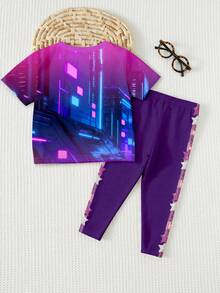 SHEIN 女童1件图案T恤和1条撞色侧缝打底裤，儿童款 - 彩色 - 查看 2