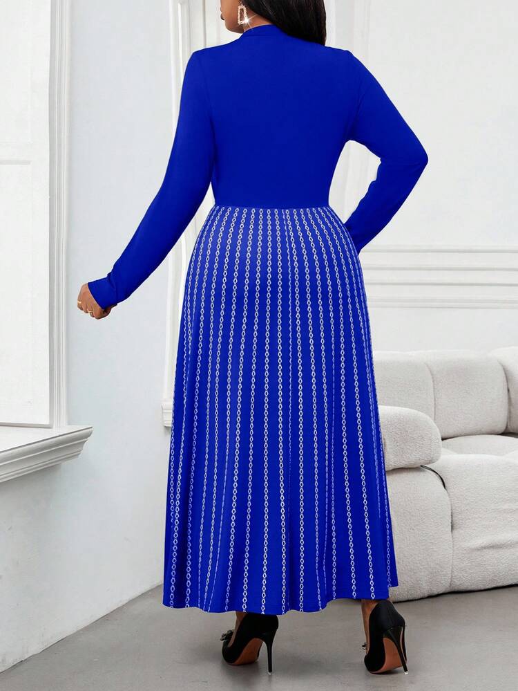 SHEIN Lady CURVE 秋冬优雅通勤办公室彩色针织立领喇叭中长袖大码连衣裙冬季女装感恩节女装冬季服装长袖连衣裙冬季冬装 - 寶藍色 - 查看 2