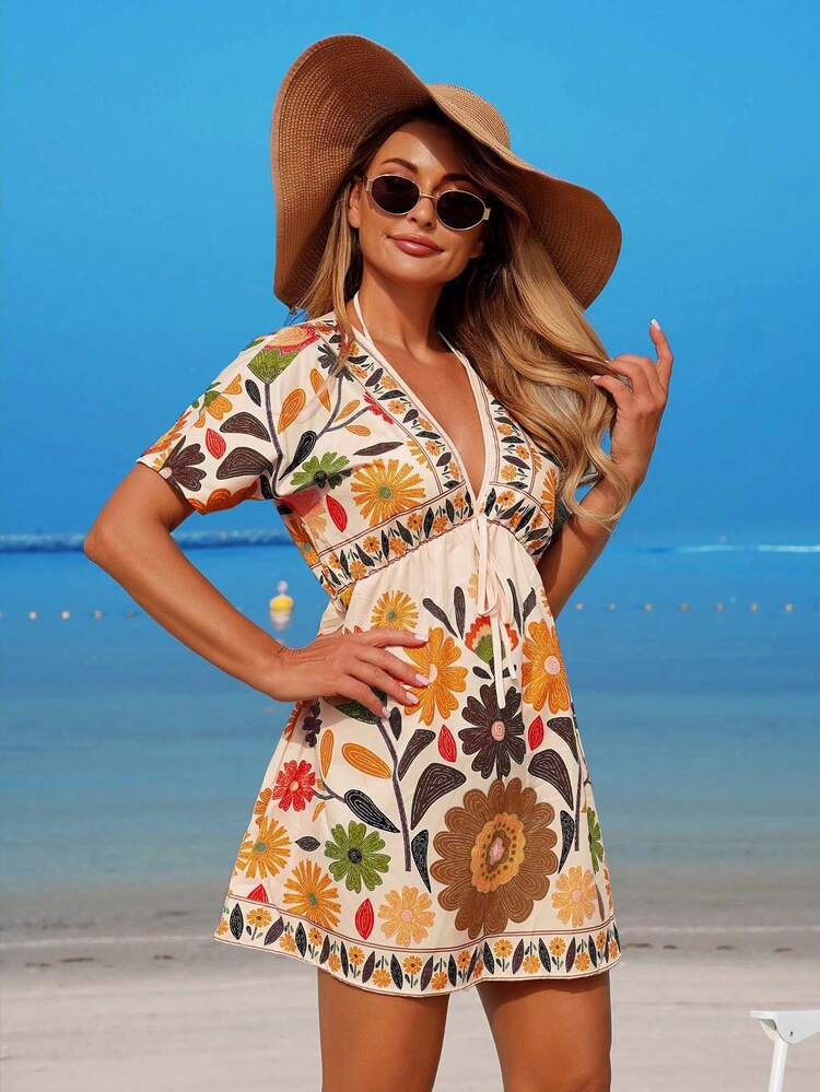 Swim Vcay Women's V-Neck Floral Print Waist Cinched Short Sleeve Casual Beach Vacation Dress With Cover-Up Zanzea Dress Zanzea Dress For Woman Women Dress Yeloow Dress - Yellow - View 4